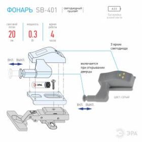 SB-401 Фонарь ЭРА пушлайт-подсветка на петлю в кухонный шкаф [3SMD LED, 2xA23, бл] (10/120/3240) ‎