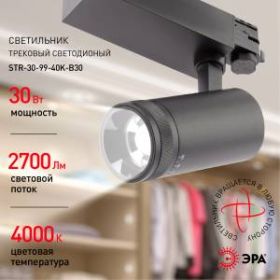 Трековый светильник трехфазный ЭРА STR-30-99-40K-B30 регулируемый луч 4000K черный ‎